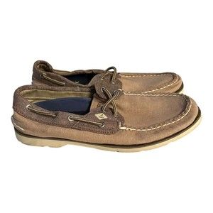 Sperry Men’s Top Siders Slip On Boat Shoes Tan Canvas‎ Leather Lace Up Size 8M
